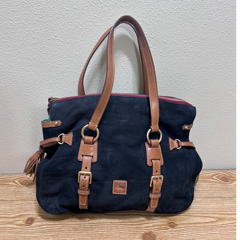 Dooney & Bourke Black Pebbled Suede Leather Tassel Tote Bag Large Shoulder Purse